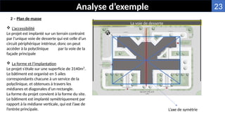Analyse d’exemple
2 – Plan de masse
 L’accessibilité
Le projet est implanté sur un terrain contraint
par l’unique voie de desserte qui est celle d’un
circuit périphérique intérieur, donc on peut
accéder à la polyclinique par la voie de la
façade principale
 La forme et l’implantation
Le projet s’étale sur une superficie de 3140m².
Le bâtiment est organisé en 5 ailes
correspondants chacune à un service de la
polyclinique, et obtenues à travers les
médianes et diagonales d’un rectangle.
La forme du projet convient à la forme du site.
Le bâtiment est implanté symétriquement par
rapport à la médiane verticale, qui est l’axe de
l’entrée principale.
La voie de desserte
L’axe de symétrie
23
 