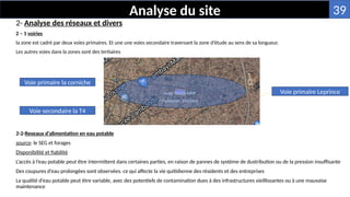 2- Analyse des réseaux et divers
2 – 1 voiries
la zone est cadré par deux voies primaires. Et une une voies secondaire traversant la zone d’étude au sens de sa longueur.
Les autres voies dans la zones sont des tertiaires
Analyse du site
2-2-Reseaux d’alimentation en eau potable
source: le SEG et forages
Disponibilité et fiabilité
L’accès à l’eau potable peut être intermittent dans certaines parties, en raison de pannes de système de dustribution ou de la pression insuffisante
Des coupures d’eau prolongées sont observées. ce qui affecte la vie quitidienne des résidents et des entreprises
La qualité d’eau potable peut être variable, avec des potentiels de contamination dues à des infrastructures vieillissantes ou à une mauvaise
maintenance
Voie primaire Leprince
Voie primaire la corniche
Voie secondaire la T4
39
 
