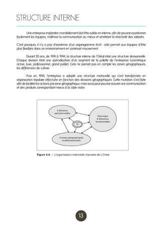 STRUCTURE INTERNE
	
Une entreprise implantée mondialement doit être solide en interne, afin de pouvoir coordonner
facilement les équipes, maîtriser la communication au mieux et améliorer la réactivité des salariés.
C’est pourquoi, il n’y a pas d’existence d’un organigramme écrit : cela permet aux équipes d’être
plus flexibles dans un environnement en continuel mouvement.
	
Durant 20 ans, de 1 à 1
974 994, la structure interne de l’Oréal était une structure divisionnelle.
Chaque division était une spécialisation d’un segment de la palette de l’entreprise (cosmétique
active, luxe, professionnel, grand public). Cela ne prenait pas en compte les zones géographiques,
les différences de culture.
	
Puis en 1
994, l’entreprise a adopté une structure matricielle qui s’est transformée en
organisation tripolaire effectuée en fonction des divisions géographiques. Cette mutation s’est faite
afin de faciiliter les actions par zone géographique, mais aussi pour pouvoir assurer une communication
et des produits correspondant mieux à la cible visée.

13

 