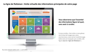 By www.silicom-vallee.com | avril 2015
La ligne de flottaison : limite virtuelle des informations principales de votre page
Vous observerez que l’essentiel
des informations figure tel quel,
sans avoir à scroller.
Si vous scrollez, c’est-à-dire si vous glissez
vers le bas de la page avec votre
souris/curseur, vous verrez le pied de page.
Cette zone est masquée sans scroller, elle
figure sous la « ligne de flottaison ».
 