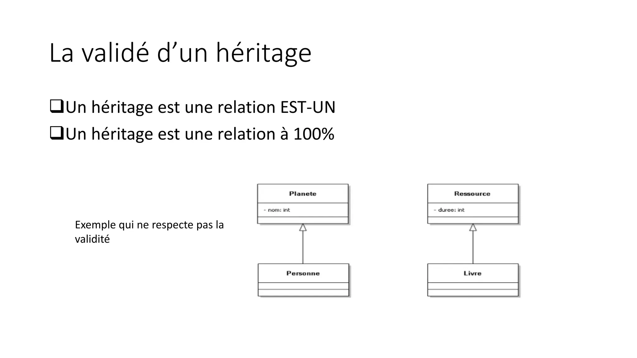 La validé d’un héritage
❑Un héritage est une relation EST-UN
❑Un héritage est une relation à 100%
Exemple qui ne respecte pas la
validité
 