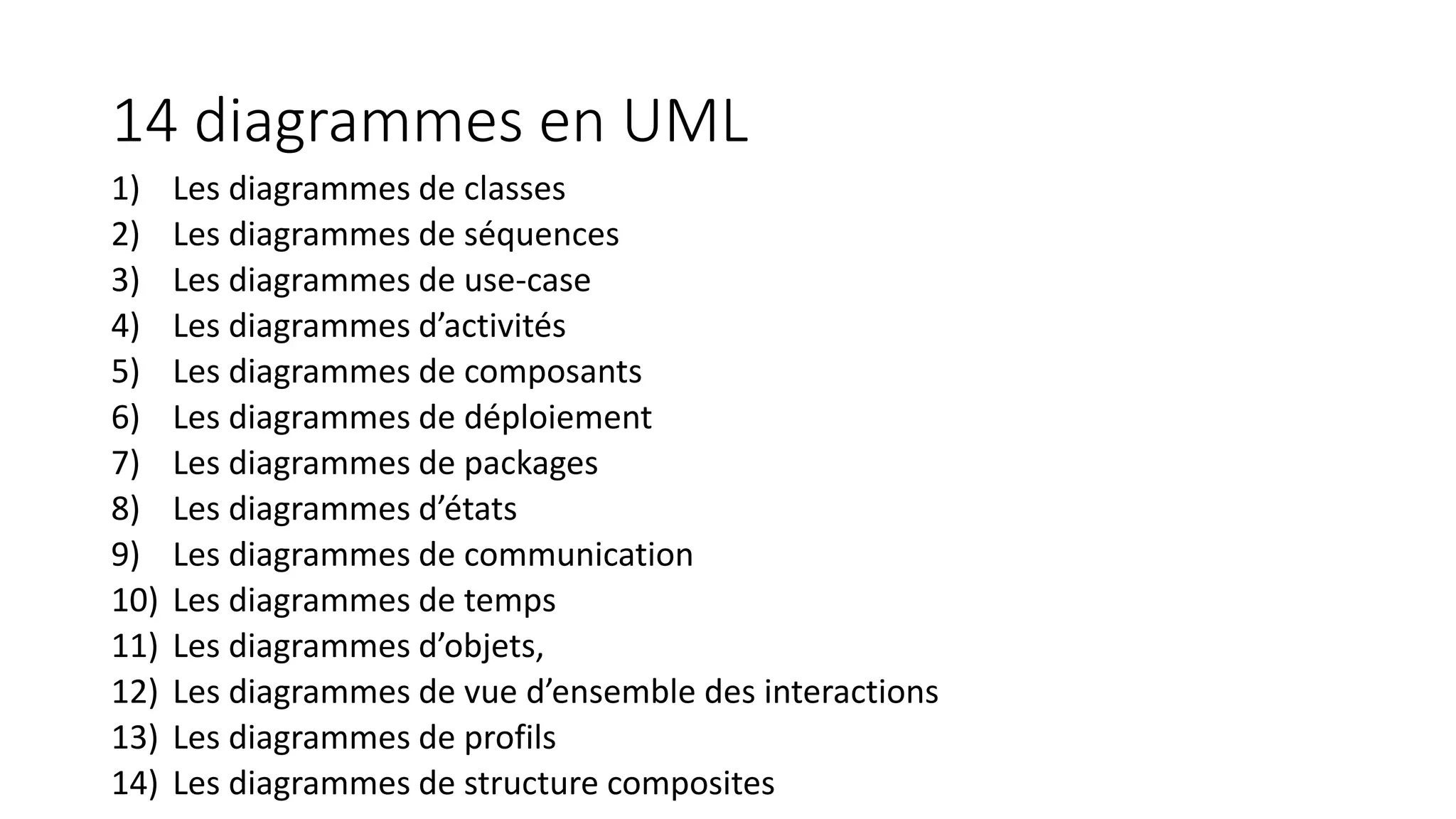 14 diagrammes en UML
1) Les diagrammes de classes
2) Les diagrammes de séquences
3) Les diagrammes de use-case
4) Les diagrammes d’activités
5) Les diagrammes de composants
6) Les diagrammes de déploiement
7) Les diagrammes de packages
8) Les diagrammes d’états
9) Les diagrammes de communication
10) Les diagrammes de temps
11) Les diagrammes d’objets,
12) Les diagrammes de vue d’ensemble des interactions
13) Les diagrammes de profils
14) Les diagrammes de structure composites
 