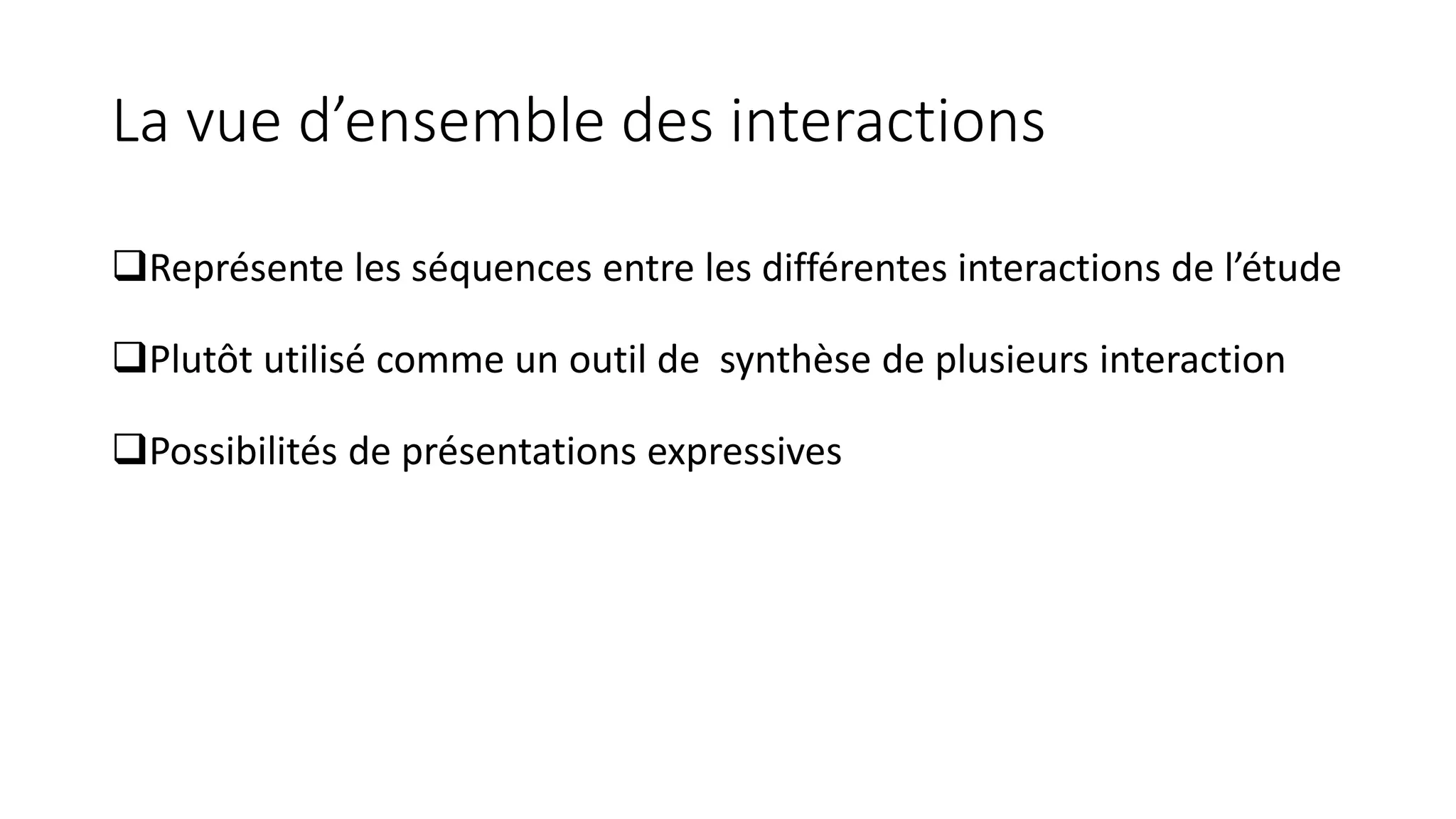 La vue d’ensemble des interactions
❑Représente les séquences entre les différentes interactions de l’étude
❑Plutôt utilisé comme un outil de synthèse de plusieurs interaction
❑Possibilités de présentations expressives
 