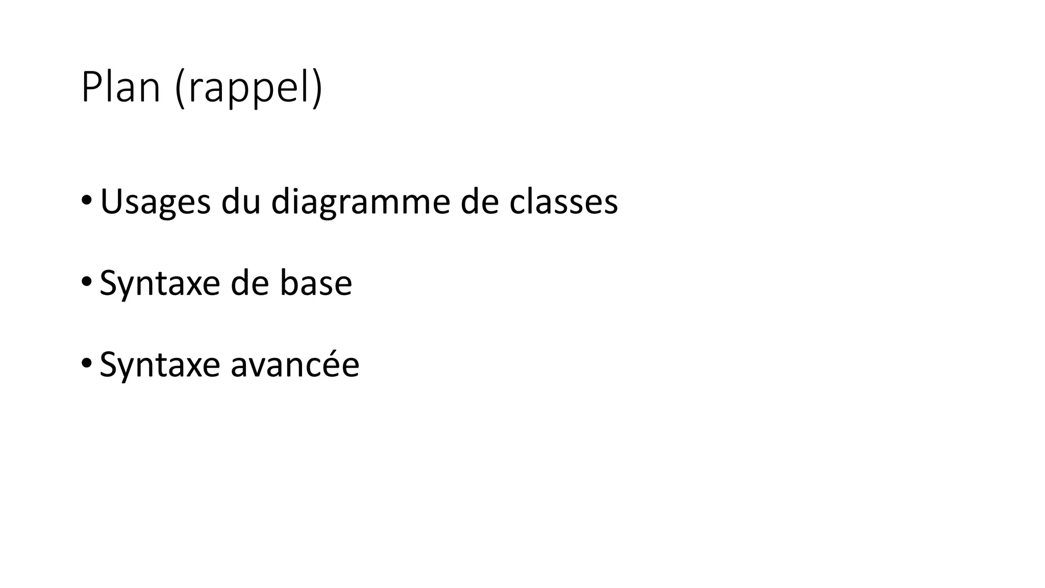 Plan (rappel)
•Usages du diagramme de classes
•Syntaxe de base
•Syntaxe avancée
 
