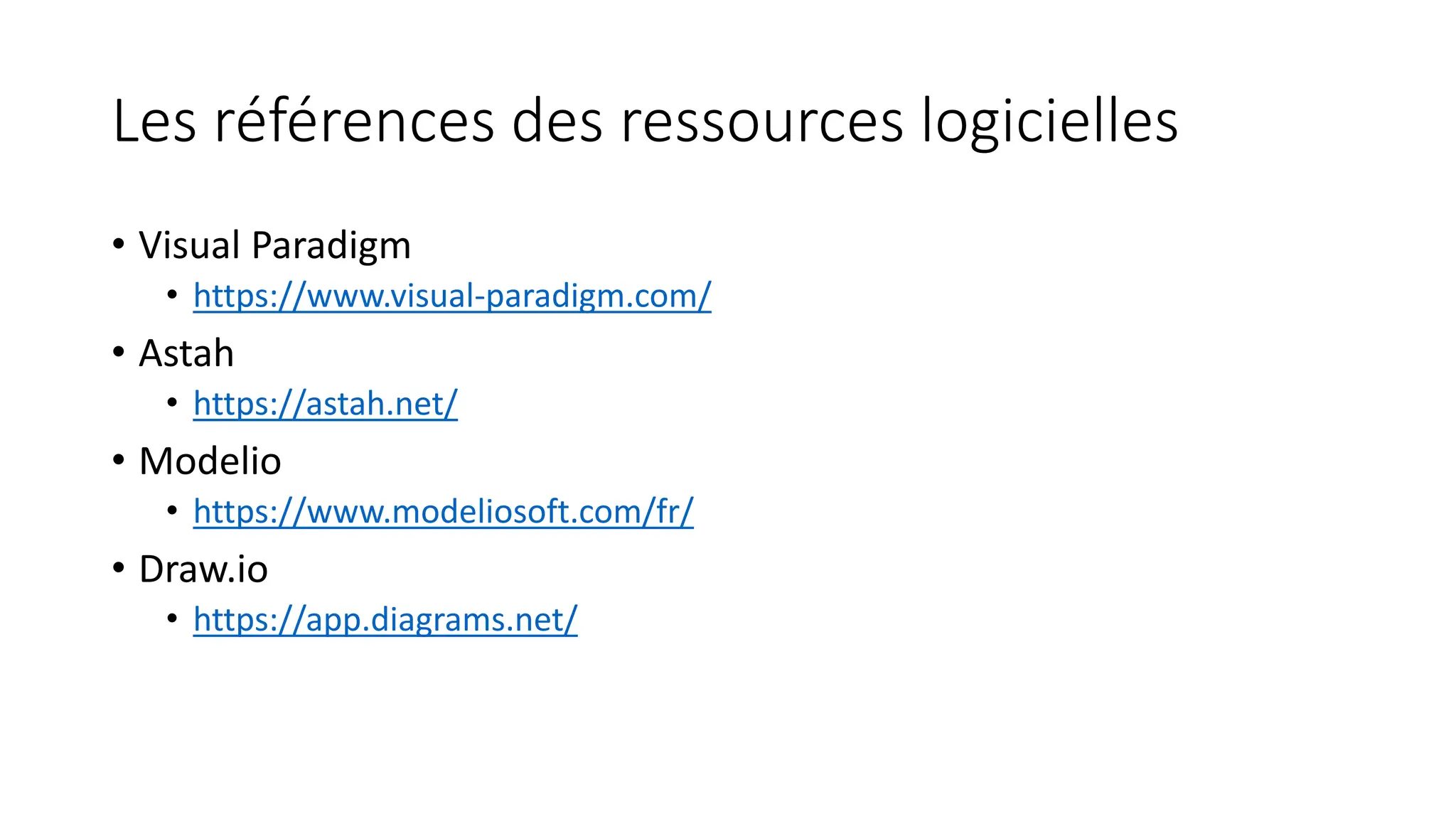 Les références des ressources logicielles
• Visual Paradigm
• https://www.visual-paradigm.com/
• Astah
• https://astah.net/
• Modelio
• https://www.modeliosoft.com/fr/
• Draw.io
• https://app.diagrams.net/
 