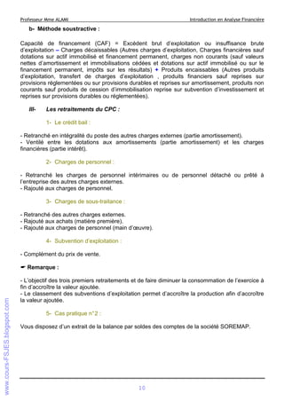 Professeur Mme ALAMI

Introduction en Analyse Financière

b- Méthode soustractive :
Capacité de financement (CAF) = Excédent brut d’exploitation ou insuffisance brute
d’exploitation – Charges décaissables (Autres charges d’exploitation, Charges financières sauf
dotations sur actif immobilisé et financement permanent, charges non courants (sauf valeurs
nettes d’amortissement et immobilisations cédées et dotations sur actif immobilisé ou sur le
financement permanent, impôts sur les résultats) + Produits encaissables (Autres produits
d’exploitation, transfert de charges d’exploitation , produits financiers sauf reprises sur
provisions réglementées ou sur provisions durables et reprises sur amortissement, produits non
courants sauf produits de cession d’immobilisation reprise sur subvention d’investissement et
reprises sur provisions durables ou réglementées).
III-

Les retraitements du CPC :
1- Le crédit bail :

- Retranché en intégralité du poste des autres charges externes (partie amortissement).
- Ventilé entre les dotations aux amortissements (partie amortissement) et les charges
financières (partie intérêt).
2- Charges de personnel :
- Retranché les charges de personnel intérimaires ou de personnel détaché ou prêté à
l’entreprise des autres charges externes.
- Rajouté aux charges de personnel.
3- Charges de sous-traitance :
- Retranché des autres charges externes.
- Rajouté aux achats (matière première).
- Rajouté aux charges de personnel (main d’œuvre).
4- Subvention d’exploitation :
- Complément du prix de vente.
Remarque :
- L’objectif des trois premiers retraitements et de faire diminuer la consommation de l’exercice à
fin d’accroître la valeur ajoutée.
- Le classement des subventions d’exploitation permet d’accroître la production afin d’accroître
la valeur ajoutée.
5- Cas pratique n° 2 :
Vous disposez d’un extrait de la balance par soldes des comptes de la société SOREMAP.

10

 
