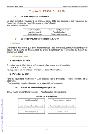 Professeur Mme ALAMI

Introduction en Analyse Financière

Chapitre 2 : ÉTUDE DU BILAN
I-

Le bilan comptable fonctionnel :

Le bilan permet de visualiser à un moment donné l’état des emplois et des ressources de
l’entreprise, c'est-à-dire ce qu’elle détient et ce qu’elle doit.
Il se présente comme suit :
Actif immobilisé
Actif circulant
Trésorerie active

II-

Financement permanent
Passif circulant
Trésorerie passive

Le fond de roulement fonctionnel (F.R.F) :

1- Définition :
Montant des ressources qui, après financement de l’actif immobilisé, demeure disponible pour
couvrir les besoins de financement du cycle d’exploitation de l’entreprise au besoin de
financement global.
2- Méthode de calcul :
a- Par le haut du bilan :
Fond de roulement fonctionnel = Financement Permanent – Actif immobilisé.
F.R.F =
FP - AI.
Pour apprécier les modalités de financement de l’actif immobilisé.
b- Par le bas du bilan :
Fond de roulement fonctionnel = Actif circulant (et la trésorerie) – Passif circulant (et la
trésorerie).
Pour apprécier l’équilibre financier ou la solvabilité de l’entreprise.
III-

Besoin de financement global (B.F.G) :

B.F.G = Actif circulant hors trésorerie – Passif circulant hors trésorerie.
Besoin de financement :
Actif immobilisé

Financement permanent

Actif circulant (hors trésorerie)

Passif circulant (hors trésorerie)

Trésorerie active

Trésorerie active

13

 