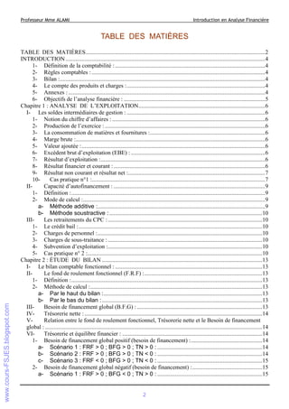 Professeur Mme ALAMI

Introduction en Analyse Financière

TABLE DES MATIÈRES
TABLE DES MATIÈRES...........................................................................................................................2
INTRODUCTION .........................................................................................................................................4
1- Définition de la comptabilité : .......................................................................................................4
2- Règles comptables : .......................................................................................................................4
3- Bilan :.............................................................................................................................................4
4- Le compte des produits et charges :...............................................................................................4
5- Annexes : .......................................................................................................................................4
6- Objectifs de l’analyse financière : .................................................................................................5
Chapitre 1 : ANALYSE DE L’EXPLOITATION.......................................................................................6
I- Les soldes intermédiaires de gestion : ...............................................................................................6
1- Notion du chiffre d’affaires : .........................................................................................................6
2- Production de l’exercice : ..............................................................................................................6
3- La consommation de matières et fournitures :...............................................................................6
4- Marge brute :..................................................................................................................................6
5- Valeur ajoutée :..............................................................................................................................6
6- Excédent brut d’exploitation (EBE) : ............................................................................................6
7- Résultat d’exploitation :.................................................................................................................6
8- Résultat financier et courant : ........................................................................................................6
9- Résultat non courant et résultat net :..............................................................................................7
10Cas pratique n°1 :.......................................................................................................................7
IICapacité d’autofinancement : ........................................................................................................9
1- Définition :.....................................................................................................................................9
2- Mode de calcul :.............................................................................................................................9
a- Méthode additive :...................................................................................................................9
b- Méthode soustractive : .........................................................................................................10
IIILes retraitements du CPC : ..........................................................................................................10
1- Le crédit bail :..............................................................................................................................10
2- Charges de personnel :.................................................................................................................10
3- Charges de sous-traitance : ..........................................................................................................10
4- Subvention d’exploitation :..........................................................................................................10
5- Cas pratique n° 2 :........................................................................................................................10
Chapitre 2 : ÉTUDE DU BILAN ..............................................................................................................13
I- Le bilan comptable fonctionnel : .....................................................................................................13
IILe fond de roulement fonctionnel (F.R.F) :.................................................................................13
1- Définition :...................................................................................................................................13
2- Méthode de calcul :......................................................................................................................13
a- Par le haut du bilan :.............................................................................................................13
b- Par le bas du bilan : ..............................................................................................................13
IIIBesoin de financement global (B.F.G) : ......................................................................................13
IVTrésorerie nette : ..........................................................................................................................14
VRelation entre le fond de roulement fonctionnel, Trésorerie nette et le Besoin de financement
global : .....................................................................................................................................................14
VITrésorerie et équilibre financier : ................................................................................................14
1- Besoin de financement global positif (besoin de financement) :.................................................14
a- Scénario 1 : FRF > 0 ; BFG > 0 ; TN > 0 : ........................................................................14
b- Scénario 2 : FRF > 0 ; BFG > 0 ; TN < 0 : ........................................................................14
c- Scénario 3 : FRF < 0 ; BFG > 0 ; TN < 0 : ........................................................................15
2- Besoin de financement global négatif (besoin de financement) :................................................15
a- Scénario 1 : FRF > 0 ; BFG < 0 ; TN > 0 : ........................................................................15

2

 