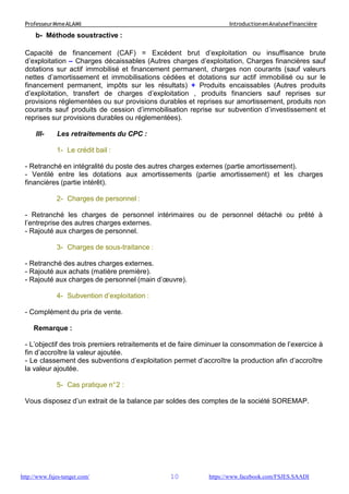 10
ProfesseurMmeALAMI IntroductionenAnalyseFinancière
http://www.fsjes-tanger.com/ https://www.facebook.com/FSJES.SAADI
b- Méthode soustractive :
Capacité de financement (CAF) = Excédent brut d’exploitation ou insuffisance brute
d’exploitation – Charges décaissables (Autres charges d’exploitation, Charges financières sauf
dotations sur actif immobilisé et financement permanent, charges non courants (sauf valeurs
nettes d’amortissement et immobilisations cédées et dotations sur actif immobilisé ou sur le
financement permanent, impôts sur les résultats) + Produits encaissables (Autres produits
d’exploitation, transfert de charges d’exploitation , produits financiers sauf reprises sur
provisions réglementées ou sur provisions durables et reprises sur amortissement, produits non
courants sauf produits de cession d’immobilisation reprise sur subvention d’investissement et
reprises sur provisions durables ou réglementées).
III- Les retraitements du CPC :
1- Le crédit bail :
- Retranché en intégralité du poste des autres charges externes (partie amortissement).
- Ventilé entre les dotations aux amortissements (partie amortissement) et les charges
financières (partie intérêt).
2- Charges de personnel :
- Retranché les charges de personnel intérimaires ou de personnel détaché ou prêté à
l’entreprise des autres charges externes.
- Rajouté aux charges de personnel.
3- Charges de sous-traitance :
- Retranché des autres charges externes.
- Rajouté aux achats (matière première).
- Rajouté aux charges de personnel (main d’œuvre).
4- Subvention d’exploitation :
- Complément du prix de vente.
Remarque :
- L’objectif des trois premiers retraitements et de faire diminuer la consommation de l’exercice à
fin d’accroître la valeur ajoutée.
- Le classement des subventions d’exploitation permet d’accroître la production afin d’accroître
la valeur ajoutée.
5- Cas pratique n°2 :
Vous disposez d’un extrait de la balance par soldes des comptes de la société SOREMAP.
 