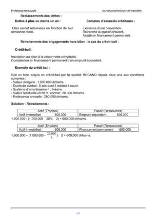 18
ProfesseurMmeALAMI IntroductionenAnalyseFinancière
Reclassements des dettes :
Dettes à plus ou moins un an :
Elles seront reclassées en fonction de leur
échéance réelle.
Comptes d’associés créditeurs :
Existence d’une convention.
Retranché du passif circulant.
Ajouté en financement permanent.
Retraitements des engagements hors bilan : le cas du crédit-bail :
Crédit-bail :
Inscription au bilan à la valeur nette comptable.
Constatation en financement permanent d’un emprunt équivalent.
Exemple du crédit bail :
Soit un bien acquis en crédit-bail par la société MECANO depuis deux ans aux conditions
suivantes :
- Valeur d’origine : 1.000.000 dirhams.
- Durée de contrat : 5 ans dont 3 restent à courir.
- Système d’amortissement : linéaire.
- Valeur résiduelle en fin du contrat : 20.000 dirhams.
- Redevance annuelle : 280.000 dirhams.
Solution : Retraitements :
Actif (Emplois) Passif (Ressources)
Actif immobilisé 600.000 Emprunt équivalent 600.000
1.000.000 - (1.000.000 20% 2) = 600.000 dirhams.
Actif (Emplois) Passif (Ressources)
Actif immobilisé 608.000 Financement permanent 608.000
1.000.000 – (1.000.000 -
20.000
) 2 = 608.000 dirhams.
5
 