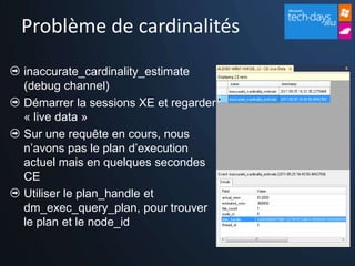 Problème de cardinalités
inaccurate_cardinality_estimate
(debug channel)
Démarrer la sessions XE et regarder
« live data »
Sur une requête en cours, nous
n’avons pas le plan d’execution
actuel mais en quelques secondes
CE
Utiliser le plan_handle et
dm_exec_query_plan, pour trouver
le plan et le node_id
 
