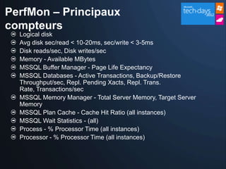 PerfMon – Principaux
compteurs
  Logical disk
  Avg disk sec/read < 10-20ms, sec/write < 3-5ms
  Disk reads/sec, Disk writes/sec
  Memory - Available MBytes
  MSSQL Buffer Manager - Page Life Expectancy
  MSSQL Databases - Active Transactions, Backup/Restore
  Throughput/sec, Repl. Pending Xacts, Repl. Trans.
  Rate, Transactions/sec
  MSSQL Memory Manager - Total Server Memory, Target Server
  Memory
  MSSQL Plan Cache - Cache Hit Ratio (all instances)
  MSSQL Wait Statistics - (all)
  Process - % Processor Time (all instances)
  Processor - % Processor Time (all instances)
 