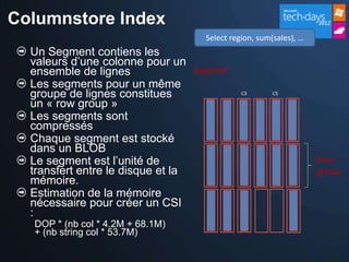 Columnstore Index
                                    Select region, sum(sales), …
  Un Segment contiens les
  valeurs d’une colonne pour un
  ensemble de lignes              Segment
  Les segments pour un même
  groupe de lignes constitues                 C3       C5

  un « row group »
  Les segments sont
  compressés
  Chaque segment est stocké
  dans un BLOB
  Le segment est l’unité de                                        Row
  transfert entre le disque et la                                  group
  mémoire.
  Estimation de la mémoire
  nécessaire pour créer un CSI
  :
  DOP * (nb col * 4.2M + 68.1M)
  + (nb string col * 53.7M)
 