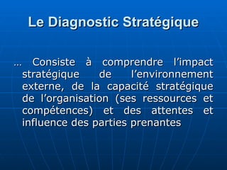 Le Diagnostic Stratégique
Le Diagnostic Stratégique
…
… Consiste à comprendre l’impact
Consiste à comprendre l’impact
stratégique de l’environnement
stratégique de l’environnement
externe, de la capacité stratégique
externe, de la capacité stratégique
de l’organisation (ses ressources et
de l’organisation (ses ressources et
compétences) et des attentes et
compétences) et des attentes et
influence des parties prenantes
influence des parties prenantes
 