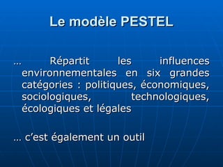 Le modèle PESTEL
Le modèle PESTEL
…
… Répartit les influences
Répartit les influences
environnementales en six grandes
environnementales en six grandes
catégories : politiques, économiques,
catégories : politiques, économiques,
sociologiques, technologiques,
sociologiques, technologiques,
écologiques et légales
écologiques et légales
…
… c’est également un outil
c’est également un outil
 