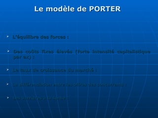 Le modèle de PORTER
Le modèle de PORTER
 L’équilibre des forces :
L’équilibre des forces :
 Des coûts fixes élevés (forte intensité capitalistique
Des coûts fixes élevés (forte intensité capitalistique
par ex) :
par ex) :
 Le taux de croissance du marché :
Le taux de croissance du marché :
 La différenciation entre les offres des concurrents :
La différenciation entre les offres des concurrents :
 Les barrières à la sortie :
Les barrières à la sortie :
 