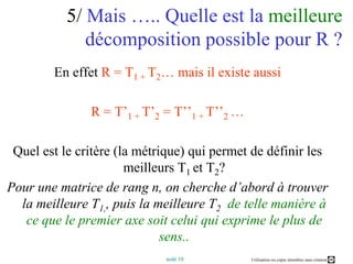 5/Mais ….. Quelle est la meilleure décomposition possible pour R ?En effet R = T1 + T2… mais il existe aussiR = T’1 + T’2 = T’’1 + T’’2 …Quel est le critère (la métrique) qui permet de définir les meilleurs T1 et T2?Pour une matrice de rang n, on cherche d’abord à trouver la meilleure T1,, puis la meilleure T2de telle manière à ce que le premier axe soit celui qui exprime le plus de sens..