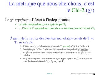 La métrique que nous cherchons, c’est le Chi-2 (2)Le 2  représente l’écart à l’indépendanceor cette indépendance, est exprimée par T0… l’écart à l’indépendance peut donc se mesurer comme l’écart à T0À partir de la matrice des données pour chaque cellule de T1 et T2, on calculeL’écart avec la cellule correspondante de T0au carré (d’où le « 2 » du 2)On divise par l’effectif théorique de cette cellule (on parle de 2 pondéré)Le 2 de la matriceest la somme de toutes les « contributions au 2 » de ses cellulesLe pourcentage des contributions de T1 et T2 par rapport au 2 de R donne les contributions relatives de T1 et T2 au 2  de T