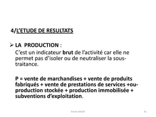 4/L’ETUDE DE RESULTATS
 LA PRODUCTION :
C’est un indicateur brut de l’activité car elle ne
permet pas d’isoler ou de neutraliser la sous-
traitance.
P = vente de marchandises + vente de produits
fabriqués + vente de prestations de services +ou-
production stockée + production immobilisée +
subventions d’exploitation.
41Arezki AISSAT
 