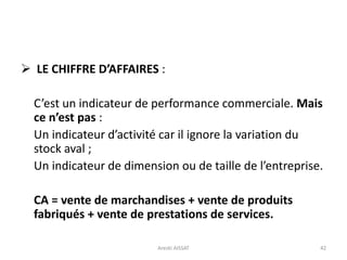  LE CHIFFRE D’AFFAIRES :
C’est un indicateur de performance commerciale. Mais
ce n’est pas :
Un indicateur d’activité car il ignore la variation du
stock aval ;
Un indicateur de dimension ou de taille de l’entreprise.
CA = vente de marchandises + vente de produits
fabriqués + vente de prestations de services.
42Arezki AISSAT
 