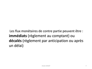 Les flux monétaires de contre partie peuvent être :
immédiats (règlement au comptant) ou
décalés (règlement par anticipation ou après
un délai)
Arezki AISSAT 7
 