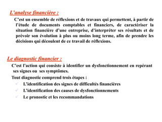 L’analyse financière :
C’est un ensemble de réflexions et de travaux qui permettent, à partir de
l’étude de documents comptables et financiers, de caractériser la
situation financière d’une entreprise, d’interpréter ses résultats et de
prévoir son évolution à plus ou moins long terme, afin de prendre les
décisions qui découlent de ce travail de réflexions.
Le diagnostic financier :
C’est l’action qui consiste à identifier un dysfonctionnement en repérant
ses signes ou ses symptômes.
Tout diagnostic comprend trois étapes :
 L’identification des signes de difficultés financières
 L’identification des causes de dysfonctionnements
 Le pronostic et les recommandations
 