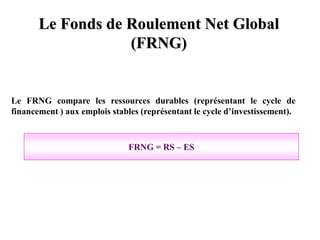 Le Fonds de Roulement Net Global
(FRNG)
Le FRNG compare les ressources durables (représentant le cycle de
financement ) aux emplois stables (représentant le cycle d’investissement).
FRNG = RS – ES
 