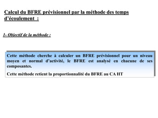 Calcul du BFRE prévisionnel par la méthode des temps
d’écoulement :
Cette méthode cherche à calculer un BFRE prévisionnel pour un niveau
moyen et normal d’activité, le BFRE est analysé en chacune de ses
composantes.
Cette méthode retient la proportionnalité du BFRE au CA HT
1- Objectif de la méthode :
 