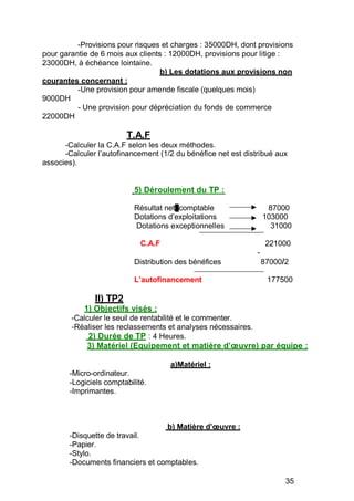 -Provisions pour risques et charges : 35000DH, dont provisions
pour garantie de 6 mois aux clients : 12000DH, provisions pour litige :
23000DH, à échéance lointaine.
                                   b) Les dotations aux provisions non
courantes concernant :
          -Une provision pour amende fiscale (quelques mois)
9000DH
          - Une provision pour dépréciation du fonds de commerce
22000DH

                         T.A.F
      -Calculer la C.A.F selon les deux méthodes.
      -Calculer l’autofinancement (1/2 du bénéfice net est distribué aux
associes).


                            5) Déroulement du TP :

                            Résultat net comptable                  87000
                            Dotations d’exploitations              103000
                            Dotations exceptionnelles                31000

                              C.A.F                                 221000
                                                               -
                            Distribution des bénéfices             87000/2

                            L autofinancement                       177500

               II) TP2
            1) Objectifs visés :
        -Calculer le seuil de rentabilité et le commenter.
        -Réaliser les reclassements et analyses nécessaires.
             2) Durée de TP : 4 Heures.
             3) Matériel (Equipement et matière d         uvre) par équipe :

                                      a)Matériel :
        -Micro-ordinateur.
        -Logiciels comptabilité.
        -Imprimantes.



                                      b) Matière d   uvre :
        -Disquette de travail.
        -Papier.
        -Stylo.
        -Documents financiers et comptables.

                                                                         35
 