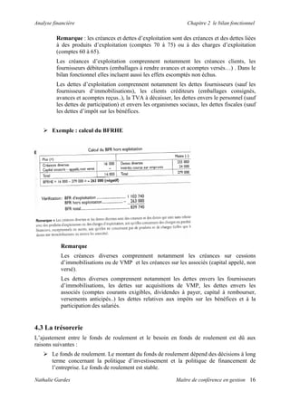 Analyse financière Chapitre 2 le bilan fonctionnel
Remarque : les créances et dettes d’exploitation sont des créances et des dettes liées
à des produits d’exploitation (comptes 70 à 75) ou à des charges d’exploitation
(comptes 60 à 65).
Les créances d’exploitation comprennent notamment les créances clients, les
fournisseurs débiteurs (emballages à rendre avances et acomptes versés…) . Dans le
bilan fonctionnel elles incluent aussi les effets escomptés non échus.
Les dettes d’exploitation comprennent notamment les dettes fournisseurs (sauf les
fournisseurs d‘immobilisations), les clients créditeurs (emballages consignés,
avances et acomptes reçus..), la TVA à décaisser, les dettes envers le personnel (sauf
les dettes de participation) et envers les organismes sociaux, les dettes fiscales (sauf
les dettes d’impôt sur les bénéfices.
Exemple : calcul du BFRHE
Remarque
Les créances diverses comprennent notamment les créances sur cessions
d’immobilisations ou de VMP et les créances sur les associés (capital appelé, non
versé).
Les dettes diverses comprennent notamment les dettes envers les fournisseurs
d’immobilisations, les dettes sur acquisitions de VMP, les dettes envers les
associés (comptes courants exigibles, dividendes à payer, capital à rembourser,
versements anticipés..) les dettes relatives aux impôts sur les bénéfices et à la
participation des salariés.
4.3 La trésorerie
L’ajustement entre le fonds de roulement et le besoin en fonds de roulement est dû aux
raisons suivantes :
Le fonds de roulement. Le montant du fonds de roulement dépend des décisions à long
terme concernant la politique d’investissement et la politique de financement de
l’entreprise. Le fonds de roulement est stable.
Nathalie Gardes Maître de conférence en gestion 16
 