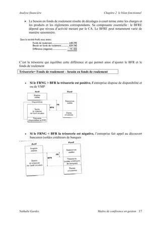 Analyse financière Chapitre 2 le bilan fonctionnel
Le besoin en fonds de roulement résulte de décalages à court terme entre les charges et
les produits et les règlements correspondants. Sa composante essentielle : le BFRE
dépend que niveau d’activité mesuré par le CA. Le BFRE peut notamment varié de
manière saisonnière.
C’est la trésorerie qui équilibre cette différence et qui permet ainsi d’ajuster le BFR et le
fonds de roulement
Trésorerie= Fonds de roulement – besoin en fonds de roulement
• Si le FRNG > BFR la trésorerie est positive, l’entreprise dispose de disponibilité et
ou de VMP
• Si le FRNG < BFR la trésorerie est négative, l’entreprise fait appel au découvert
bancaires (soldes créditeurs de banques
Nathalie Gardes Maître de conférence en gestion 17
 