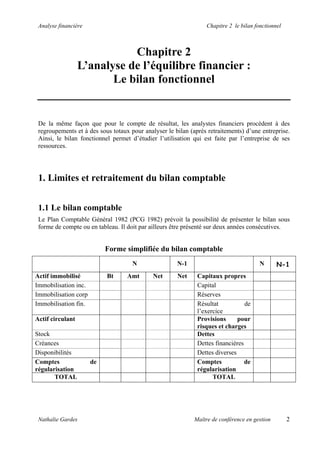 Analyse financière Chapitre 2 le bilan fonctionnel
Chapitre 2
L’analyse de l’équilibre financier :
Le bilan fonctionnel
De la même façon que pour le compte de résultat, les analystes financiers procèdent à des
regroupements et à des sous totaux pour analyser le bilan (après retraitements) d’une entreprise.
Ainsi, le bilan fonctionnel permet d’étudier l’utilisation qui est faite par l’entreprise de ses
ressources.
1. Limites et retraitement du bilan comptable
1.1 Le bilan comptable
Le Plan Comptable Général 1982 (PCG 1982) prévoit la possibilité de présenter le bilan sous
forme de compte ou en tableau. Il doit par ailleurs être présenté sur deux années consécutives.
Forme simplifiée du bilan comptable
N N-1 N N-1
Actif immobilisé Bt Amt Net Net Capitaux propres
Immobilisation inc. Capital
Immobilisation corp Réserves
Immobilisation fin. Résultat de
l’exercice
Actif circulant Provisions pour
risques et charges
Stock Dettes
Créances Dettes financières
Disponibilités Dettes diverses
Comptes de
régularisation
Comptes de
régularisation
TOTAL TOTAL
Nathalie Gardes Maître de conférence en gestion 2
 