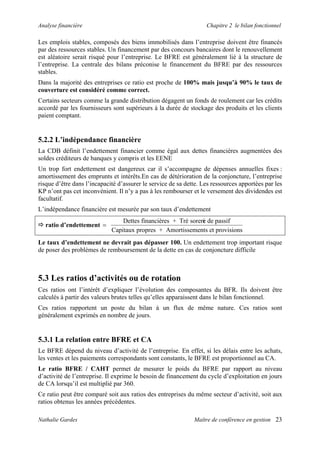 Analyse financière Chapitre 2 le bilan fonctionnel
Les emplois stables, composés des biens immobilisés dans l’entreprise doivent être financés
par des ressources stables. Un financement par des concours bancaires dont le renouvellement
est aléatoire serait risqué pour l’entreprise. Le BFRE est généralement lié à la structure de
l’entreprise. La centrale des bilans préconise le financement du BFRE par des ressources
stables.
Dans la majorité des entreprises ce ratio est proche de 100% mais jusqu’à 90% le taux de
couverture est considéré comme correct.
Certains secteurs comme la grande distribution dégagent un fonds de roulement car les crédits
accordé par les fournisseurs sont supérieurs à la durée de stockage des produits et les clients
paient comptant.
5.2.2 L’indépendance financière
La CDB définit l’endettement financier comme égal aux dettes financières augmentées des
soldes créditeurs de banques y compris et les EENE
Un trop fort endettement est dangereux car il s’accompagne de dépenses annuelles fixes :
amortissement des emprunts et intérêts.En cas de détérioration de la conjoncture, l’entreprise
risque d’être dans l’incapacité d’assurer le service de sa dette. Les ressources apportées par les
KP n’ont pas cet inconvénient. Il n’y a pas à les rembourser et le versement des dividendes est
facultatif.
L’indépendance financière est mesurée par son taux d’endettement
ratio d’endettement =
Dettes financières + Tré sorerie de passif
Capitaux propres + Amortissements et provisions
Le taux d’endettement ne devrait pas dépasser 100. Un endettement trop important risque
de poser des problèmes de remboursement de la dette en cas de conjoncture difficile
5.3 Les ratios d’activités ou de rotation
Ces ratios ont l’intérêt d’expliquer l’évolution des composantes du BFR. Ils doivent être
calculés à partir des valeurs brutes telles qu’elles apparaissent dans le bilan fonctionnel.
Ces ratios rapportent un poste du bilan à un flux de même nature. Ces ratios sont
généralement exprimés en nombre de jours.
5.3.1 La relation entre BFRE et CA
Le BFRE dépend du niveau d’activité de l’entreprise. En effet, si les délais entre les achats,
les ventes et les paiements correspondants sont constants, le BFRE est proportionnel au CA.
Le ratio BFRE / CAHT permet de mesurer le poids du BFRE par rapport au niveau
d’activité de l’entreprise. Il exprime le besoin de financement du cycle d’exploitation en jours
de CA lorsqu’il est multiplié par 360.
Ce ratio peut être comparé soit aux ratios des entreprises du même secteur d’activité, soit aux
ratios obtenus les années précédentes.
Nathalie Gardes Maître de conférence en gestion 23
 
