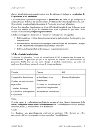 Analyse financière Chapitre 3 Les SIG
charges d'exploitation qui engendreront un jour des dépenses, il indique la contribution de
l'exploitation brute au résultat.
L'excédent brut d'exploitation est également le premier flux de fonds, ce qui explique qu'il
est calculé avant déduction des amortissements. C'est le cash-flow brut d'exploitation ou cash-
flow potentiel généré par l'activité courante de l'entreprise avant toute affectation.
Comme l'excédent brut d'exploitation est lié par définition à l'activité de base de l'entreprise et
ne peut être modifié par le jeu des amortissements et de la plupart des provisions, il est
souvent utilisé dans une perspective prévisionnelle.
L’EBE est une approche du résultat de l’entreprise. Cette approche est cependant :
Indépendante du système d’amortissement et de la réglementation fiscale relative aux
amortissements
Indépendante de la manière dont l’entrepris est financée (par KP ou emprunts) puisque
l’EBE est déterminé avant déduction des charges financières
Indépendante des produits et des charges à caractère exceptionnel.
2.5. Le résultat d’exploitation
Le résultat d’exploitation s’obtient en retranchant de l’EBE le montant des dotations aux
amortissements et provisions (DAP) et en rajoutant les reprises sur amortissements et
provisions (RAP) ainsi que les autres charges et produits d’exploitation. Ce solde est
également disponible en lecture directe sur le compte de résultat.
Produits Charges SIG
Excédent brut d'exploitation
Reprises sur amortissements
et provisions
Transferts de charges
d'exploitation Autres produits
d'exploitation
ou Insuffisance brute
d’exploitation
Dotations aux amortissements
et provisions d'exploitation
Autres charges d'exploitation
Résultat d’Exploitation
Utilité
Ce solde mesure le résultat dégagé par l’activité normale; c’est un élément fondamental de la
mesure de la performance industrielle et commerciale. Il est indépendant de toute politique
financière, fiscale, d’investissement et de distribution.
Limites
Les dotations aux amortissements soulèvent un problème. Elles doivent, en effet,
correspondre à l’amortissement économique normal de l’immobilisation.
Nathalie Gardes Maître de conférence en gestion 4
 