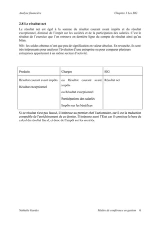 Analyse financière Chapitre 3 Les SIG
2.8 Le résultat net
Le résultat net est égal à la somme du résultat courant avant impôts et du résultat
exceptionnel, diminué de l’impôt sur les sociétés et de la participation des salariés. C’est le
résultat de l’exercice que l’on retrouve en dernière ligne du compte de résultat ainsi qu’au
bilan.
NB : les soldes obtenus n’ont que peu de signification en valeur absolue. En revanche, ils sont
très intéressants pour analyser l’évolution d’une entreprise ou pour comparer plusieurs
entreprises appartenant à un même secteur d’activité.
Produits Charges SIG
Résultat courant avant impôts
Résultat exceptionnel
ou Résultat courant avant
impôts
ou Résultat exceptionnel
Participations des salariés
Impôts sur les bénéfices
Résultat net
Si ce résultat n'est pas faussé, il intéresse au premier chef l'actionnaire, car il est la traduction
comptable de l'enrichissement de ce dernier. Il intéresse aussi l’Etat car il constitue la base de
calcul du résultat fiscal, et donc de l’impôt sur les sociétés.
Nathalie Gardes Maître de conférence en gestion 6
 