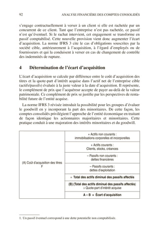 92 ANALYSE FINANCIÈRE DES COMPTES CONSOLIDÉS
s’engage contractuellement à verser à un client si elle est rachetée par un
concurrent de ce client. Tant que l’entreprise n’est pas rachetée, ce passif
n’est qu’éventuel. Si le rachat intervient, cet engagement se transforme en
passif comptabilisé. Cette nouvelle provision vient donc augmenter l’écart
d’acquisition. La norme IFRS 3 cite le cas d’obligations souscrites par la
société cible, antérieurement à l’acquisition, à l’égard d’employés ou de
fournisseurs et qui la conduisent à verser en cas de changement de contrôle
des indemnités de rupture.
4 Détermination de l’écart d’acquisition
L’écart d’acquisition se calcule par différence entre le coût d’acquisition des
titres et la quote-part d’intérêt acquise dans l’actif net de l’entreprise cible
(actifs/passifs) évaluée à la juste valeur à la date d’acquisition. Il représente,
le complément de prix que l’acquéreur accepte de payer au-delà de la valeur
patrimoniale. Ce complément de prix se justifie par les perspectives de renta-
bilité future de l’entité acquise.
La norme IFRS 3 révisée introduit la possibilité pour les groupes d’évaluer
le goodwill en y incorporant la part des minoritaires. De cette façon, les
comptes consolidés privilégient l’approche de l’entité économique en traitant
de façon identique les actionnaires majoritaires et minoritaires. Cette
pratique conduit à une majoration des intérêts minoritaires et du goodwill.
1. Un passif éventuel correspond à une dette potentielle non comptabilisée.
(A) Coût d’acquisition des titres
F
+ Actifs non courants :
immobilisations corporelles et incorporelles
+ Actifs courants :
Clients, stocks, créances
– Passifs non courants :
dettes financières
– Passifs courants :
dettes d’exploitation
= Total des actifs diminué des passifs affectés
(B) (Total des actifs diminué des passifs affectés)
× Quote-part d’intérêt acquise
A – B = Écart d’acquisition
 