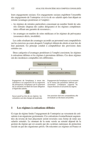 122 ANALYSE FINANCIÈRE DES COMPTES CONSOLIDÉS
leurs engagements sociaux. Ces engagements sociaux englobent l’ensemble
des engagements de l’entreprise vis-à-vis de ses salariés après leur départ en
retraite (avantages postérieurs à l’emploi) :
– les régimes de retraites particuliers concernant un nombre limité de sala-
riés (retraite chapeau des cadres dirigeants) et les régimes complémen-
taires offrant une garantie de ressources ;
– les avantages en matière de soins médicaux et les régimes de prévoyance
(assurances décès, invalidité).
Les coûts résultant des avantages accordés au personnel sont comptabilisés
sur les exercices au cours desquels l’employé obtient des droits et non lors de
leur paiement. Ce principe conduit à comptabiliser des provisions dans
certains cas.
Deux catégories d’avantages postérieurs à l’emploi coexistent, les régimes
à cotisations définies et les régimes à prestations définies. Ces deux régimes
ont des incidences comptables très différentes.
1 Les régimes à cotisations définies
Ce type de régime limite l’engagement de l’entreprise au versement de coti-
sations à un organisme gestionnaire. Ces cotisations éventuellement augmen-
tées du revenu de leur placement seront reversées sous forme de rente aux
salariés retraités. Le montant de la rente versée au retraité dépend de la
gestion du régime qui est assurée par des systèmes nationaux de protection
sociale ou par des organismes privés. On rencontre ces régimes en France et
Régimes de retraite
Régimes à cotisations définies Régime à prestations définies
Engagement de l’employeur à verser des
cotisations à un organisme (SS ou organisme
de prévoyance), l’employeur par le paiement
de sa cotisation est libéré de toute obligation
à l’égard des salariés.
Aucun passif au titre de ces régimes : les
cotisations sont des charges de la période.
Engagement de l’employeur sur le montant
ou le niveau des prestations définies par
convention. L’employeur supporte les
risques financiers et actuariels du régime.
Une provision doit être comptabilisée, elle
est évaluée sur des bases actuarielles.
 