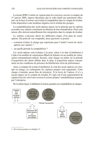 128 ANALYSE FINANCIÈRE DES COMPTES CONSOLIDÉS
La norme IFRS 2 entrée en vigueur pour les exercices ouverts à compter du
1er janvier 2005, impose désormais que le coût relatif aux paiements effec-
tués sur la base d’actions soit évalué et comptabilisé dans le compte de résultat.
Cette disposition a une incidence négative sur le résultat des groupes.
La comptabilisation des stock-options repose sur le principe que les options
accordées aux salariés constituent un élément de leur rémunération. Pour cette
raison, elles doivent naturellement être enregistrées dans le compte de résultat.
Le schéma ci-dessous décrit les différentes étapes d’un plan de stock-
options. Du point de vue comptable, deux questions se posent :
– comment évaluer la charge que représente pour l’entité l’octroi de stock-
options aux salariés ?
– sur quelle période la comptabiliser ?
Les stock-options sont évaluées à la juste valeur à la date d’attribution à
l’aide d’un modèle de valorisation (Black & Scholes est un modèle de valori-
sation communément utilisé). Ensuite, cette charge est étalée sur la période
d’acquisition des droits définie dans le plan. L’acquisition repose couram-
ment sur des conditions de présence du bénéficiaire et/ou de performance.
Ainsi, à compter de la date d’attribution, le coût des stock-options est cons-
taté en charge, en contrepartie les capitaux propres sont augmentés. Cette
charge n’entraîne aucun flux de trésorerie. À la levée de l’option, il n’y a
aucun impact sur le compte de résultat. Il s’agit soit d’une augmentation de
capital réservée soit d’une cession d’actions propres1 préalablement acquises
par l’entreprise.
De la même façon, l’attribution d’actions gratuites est comptabilisée en charges.
1. Voir actions propres au chapitre 11.
Création
d’un
plan
de stock-
options
Attribution des
stock-options
et
information
aux salariés
Exercice
des
stock-
options Enregistrement
des options
exercées
Calcul de la
juste valeur
à la date
d’attribution
Période d’acquisition
La juste
valeur est
amortie dans
le compte de
résultat sur la
période
d’acquisition
 