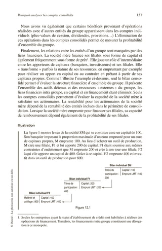 Pourquoi analyser les comptes consolidés 157
©
Dunod
–
La
photocopie
non
autorisée
est
un
délit.
Nous avons vu également que certains bénéfices provenant d’opérations
réalisées avec d’autres entités du groupe apparaissent dans les comptes indi-
viduels (plus-values de cession, dividendes, provisions…) L’élimination de
ces opérations dans les comptes consolidés permet de mesurer la profitabilité
d’ensemble du groupe.
Finalement, les relations entre les entités d’un groupe sont marquées par des
liens financiers. La société mère finance ses filiales sous forme de capital et
également fréquemment sous forme de prêt1. Elle joue un rôle d’intermédiaire
entre les apporteurs de capitaux (banquiers, investisseurs) et ses filiales. Elle
« transforme » parfois la nature de ses ressources, en empruntant par exemple
pour réaliser un apport en capital ou au contraire en prêtant à partir de ses
capitaux propres. Comme l’illustre l’exemple ci-dessous, seul le bilan conso-
lidé permet d’évaluer la structure financière d’ensemble du groupe. Il présente
l’ensemble des actifs détenus et des ressources « externes » du groupe, les
liens financiers intra groupe, en capital et en financement étant éliminés. Seuls
les comptes consolidés permettent d’évaluer la capacité de la société mère à
satisfaire ses actionnaires. La rentabilité pour les actionnaires de la société
mère dépend de la rentabilité des entités inclues dans le périmètre de consoli-
dation. Lorsque la société mère emprunte pour financer ses filiales, sa capacité
de remboursement dépend également de la profitabilité de ses filiales.
Illustration
La figure 1 montre le cas de la société SM qui se constitue avec un capital de 100.
Son banquier imposant la proportion maximale d’un euro emprunté pour un euro
de capitaux propres, M emprunte 100. Au lieu d’acheter un outil de production,
M crée une filiale, F1 et lui apporte 200 de capital. F1 étant soumise aux mêmes
contraintes d’endettement que M emprunte 200 et crée à son tour une filiale, F2
à qui elle apporte un capital de 400. Grâce à ce capital, F2 emprunte 400 et inves-
tit dans un outil de production pour 800.
1. Seules les entreprises ayant le statut d’établissement de crédit sont habilitées à réaliser des
opérations de financement. Toutefois, les financements intra groupe constituent une déroga-
tion à ce monopole.
Figure 12.1
Bilan individuel F2
Matériel et
outillage : 800
Capital : 400
Emprunt LMT : 400
Bilan individuel F1
Titres de
participation :
400
Capital : 200
Emprunt LMT : 200
Bilan individuel SM
Titres de
participation :
200
Capital : 100
Emprunt LMT : 100
 
