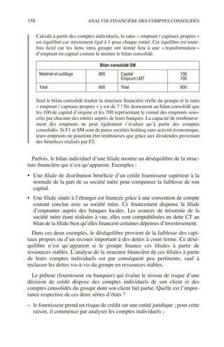 158 ANALYSE FINANCIÈRE DES COMPTES CONSOLIDÉS
Calculé à partir des comptes individuels, le ratio « emprunt / capitaux propres »
est équilibré car strictement égal à 1 pour chaque entité. Cet équilibre est toute-
fois fictif car les liens intra groupe ont donné lieu à une « transformation »
d’emprunt en capital comme le montre le bilan consolidé.
Seul le bilan consolidé traduit la structure financière réelle du groupe et le ratio
« emprunt / capitaux propres » y est de 7 ! Ne demeurent au bilan consolidé que
les 100 de capital d’origine et les 700 représentant le cumul des emprunts sous-
crits par chacune des entités auprès de leurs banques. La capacité de rembourse-
ment des emprunts ne peut également s’évaluer qu’à partir des comptes
consolidés. Si F1 et SM sont de pures sociétés holding sans activité économique,
leurs emprunts ne pourront être remboursés que grâce aux dividendes provenant
des bénéfices réalisés par F2.
Parfois, le bilan individuel d’une filiale montre un déséquilibre de la struc-
ture financière qui n’est qu’apparent. Exemples :
• Une filiale de distribution bénéficie d’un crédit fournisseur supérieur à la
normale de la part de sa société mère pour compenser la faiblesse de son
capital.
• Une filiale située à l’étranger est financée grâce à une convention de compte
courant conclue avec sa société mère. Ce financement dispense la filiale
d’emprunter auprès des banques locales. Les avances de trésorerie de la
société mère étant réalisées à vue, elles sont comptabilisées en dette CT au
bilan de la filiale bien qu’elles financent certaines dépenses d’investissement.
Dans ces deux exemples, le déséquilibre provient de la faiblesse des capi-
taux propres ou d’un recours important à des dettes à court terme. Ce désé-
quilibre n’est qu’apparent si le groupe finance ces filiales à partir de
ressources stables. L’analyse de la structure financière de ces filiales à partir
de leurs comptes individuels est par conséquent peu pertinente, sauf à
reclasser les dettes vis-à-vis du groupe en ressources stables.
Le prêteur (fournisseur ou banquier) qui évalue le niveau de risque d’une
décision de crédit dispose des comptes individuels de son client et des
comptes consolidés du groupe dont son client fait partie. Quelle est l’impor-
tance respective de ces deux séries d’états ?
– le fournisseur prend un risque de crédit sur une entité juridique ; pour cette
raison, il commence par analyser les comptes individuels ;
Bilan consolidé SM
Matériel et outillage 800 Capital
Emprunt LMT
100
700
Total 800 Total 800
 