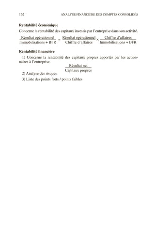 162 ANALYSE FINANCIÈRE DES COMPTES CONSOLIDÉS
Rentabilité économique
Concerne la rentabilité des capitaux investis par l’entreprise dans son activité.
Rentabilité financière
1) Concerne la rentabilité des capitaux propres apportés par les action-
naires à l’entreprise.
2) Analyse des risques
3) Liste des points forts / points faibles
Résultat opérationnel
Immobilisations BFR
+
--------------------------------------------------------
Résultat opérationnel
Chiffre d’affaires
--------------------------------------------------
-
Chiffre d’affaires
Immobilisations BFR
+
--------------------------------------------------------
×
=
Résultat net
Capitaux propres
----------------------------------------
-
 