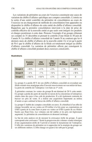 176 ANALYSE FINANCIÈRE DES COMPTES CONSOLIDÉS
Les variations de périmètre au cours de l’exercice constituent une cause de
variation du chiffre d’affaires spécifique aux comptes consolidés. L’entrée ou
la sortie d’une entité contrôlée du périmètre de consolidation au cours de
l’exercice ou un changement de méthode de consolidation font apparaître ou
disparaître le chiffre d’affaires de cette entité du chiffre d’affaires consolidé.
Rappelons que la première consolidation intervient à la date de prise de
contrôle effective de la nouvelle entité et que seuls sont intégrés les produits
et charges postérieurs à cette date. Prenons l’exemple d’un groupe clôturant
ses comptes le 31 décembre et prenant le contrôle d’une filiale le 30 juin de
l’année N. Le chiffre d’affaires consolidé de l’année N ne contient que les 6
derniers mois de chiffre d’affaires de la nouvelle entité. Ce n’est qu’à partir
de N+1 que le chiffre d’affaires de la filiale est totalement intégré au chiffre
d’affaires consolidé. La variation de périmètre affecte par conséquent le
chiffre d’affaires consolidé pendant deux exercices consécutifs.
Illustrations
Le groupe A a perdu 40 % de son chiffre d’affaires consolidé en revendant une
filiale estimée non stratégique afin d’investir massivement sur son métier de base.
La perte de contrôle de l’entreprise s’est faite au 1er avril.
À périmètre constant, les ventes du groupe B ont diminué de 20 % cette année.
Ce groupe a perdu des parts de marché en raison de la concurrence d’entreprises
situées dans des pays à bas coût de production. Il a été également contraint de
baisser ses prix de vente. Il a réalisé une acquisition importante au milieu
d’année ce qui a atténué la baisse du chiffre d’affaires consolidé.
Le groupe C établit des comptes consolidés en euros. Il a bénéficié d’un effet de
change favorable sur ses ventes en US dollar à la fois pour ses exportations en
USD à partir de la zone Euro et pour ses ventes en USD à partir de ses filiales
basées aux États-Unis. Les volumes ont été stables et les prix ont légèrement
augmenté. Le périmètre de consolidation est demeuré inchangé.
Le but de cette analyse est de mesurer la croissance réelle du groupe. À quoi
correspond cette croissance ? Seule la progression des volumes vendus témoigne
d’une augmentation réelle de l’activité et montre le dynamisme de l’entreprise.
L’effet des variations de périmètre est à rapprocher de la stratégie du groupe sur
ses différents métiers. L’effet change est quant à lui subi par le groupe.
Évolution
globale
Effet
volume
Effet
variation
de prix
Effet
de change
Effet
de la variation
de périmètre
Groupe A – 23 % + 4 % + 3 % + 1 % – 30 %
Groupe B – 2 % – 7 % – 12 % – 1 % + 18 %
Groupe C + 10,5 % + 0,5 % + 2 % + 8 % 0
 