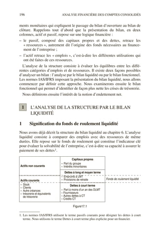 196 ANALYSE FINANCIÈRE DES COMPTES CONSOLIDÉS
ments monétaires qui expliquent le passage du bilan d’ouverture au bilan de
clôture. Rappelons tout d’abord que la présentation du bilan, en deux
colonnes, actif et passif, repose sur une logique financière :
– le passif, composé des capitaux propres et des dettes, retrace les
« ressources », autrement dit l’origine des fonds nécessaires au finance-
ment de l’entreprise ;
– l’actif retrace les « emplois », c’est-à-dire les différentes utilisations qui
ont été faites de ces ressources.
L’analyse de la structure consiste à évaluer les équilibres entre les diffé-
rentes catégories d’emplois et de ressources. Il existe deux façons possibles
d’analyser un bilan : l’analyse par le bilan liquidité ou par le bilan fonctionnel.
Les normes IAS/IFRS imposant la présentation du bilan liquidité, nous allons
commencer par définir cette approche. Nous examinerons ensuite le bilan
fonctionnel qui permet d’identifier de façon plus nette les crises de trésorerie.
Nous définirons ensuite l’intérêt de la notion d’endettement net.
L’ANALYSE DE LA STRUCTURE PAR LE BILAN
LIQUIDITÉ
1 Signification du fonds de roulement liquidité
Nous avons déjà décrit la structure du bilan liquidité au chapitre 6. L’analyse
liquidité consiste à comparer des emplois avec des ressources de même
durées. Elle repose sur le fonds de roulement qui constitue l’indicateur clé
pour évaluer la solvabilité de l’entreprise, c’est-à-dire sa capacité à assurer le
paiement de ses dettes1.
Actifs non courants
Capitaux propres
– Part du groupe
– Intérêts minoritaires
Dettes à long et moyen terme
– Emprunts à LMT
– Provisions de retraite
Actifs courants
– Stock
– Clients
– Autre créances
– trésorerie et équivalents
de trésorerie
Fonds de roulement liquidité
Dettes à court terme
– Part à moins d’un an des DLMT
– Fournisseurs
– Autres dettes à CT
– Crédits CT
Figure17.1
1. Les normes IAS/IFRS utilisent le terme passifs courants pour désigner les dettes à court
terme. Nous utilisons le terme Dettes à court terme plus explicite pour un financier.
1
 