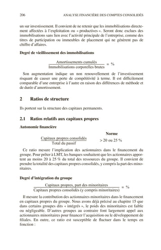 206 ANALYSE FINANCIÈRE DES COMPTES CONSOLIDÉS
un sur investissement. Il convient de ne retenir que les immobilisations directe-
ment affectées à l’exploitation ou « productives ». Seront donc exclues des
immobilisations sans lien avec l’activité principale de l’entreprise, comme des
titres de participation ou immeubles de placement qui ne génèrent pas de
chiffre d’affaires.
Degré de vieillissement des immobilisations
Son augmentation indique un non renouvellement de l’investissement
risquant de causer une perte de compétitivité à terme. Il est difficilement
comparable d’une entreprise à l’autre en raison des différences de méthode et
de durée d’amortissement.
2 Ratios de structure
Ils portent sur la structure des capitaux permanents.
2.1 Ratios relatifs aux capitaux propres
Autonomie financière
Ce ratio mesure l’implication des actionnaires dans le financement du
groupe. Pour prêter à LMT, les banques souhaitent que les actionnaires appor-
tent au moins 20 à 25 % du total des ressources du groupe. Il convient de
prendre la totalité des capitaux propres consolidés, y compris la part des mino-
ritaires.
Degré d’intégration du groupe
Il mesure la contribution des actionnaires minoritaires dans le financement
en capitaux propres du groupe. Nous avons déjà précisé au chapitre 15 que
dans certains groupes dits « intégrés », le poids des minoritaires est faible
ou négligeable. D’autres groupes au contraire font largement appel aux
actionnaires minoritaires pour financer l’acquisition ou le développement de
filiales. En outre, ce ratio est susceptible de fluctuer dans le temps en
fonction :
Amortissements cumulés
Immobilisations corporelles brutes
----------------------------------------------------------------------------------
- %
=
Capitaux propres consolidés
Total du passif
-------------------------------------------------------------------
- 20 ou 25 %
>
Norme
Capitaux propres, part des minoritaires
Capitaux propres consolidés (y compris minoritaires)
-------------------------------------------------------------------------------------------------------------------------------
- %
=
 