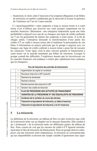 L’analyse financière par les flux de trésorerie 221
©
Dunod
–
La
photocopie
non
autorisée
est
un
délit.
– finalement, le choix entre l’émission d’un emprunt obligataire et de billets
de trésorerie est parfois conditionné par la nécessité d’assurer la présence
de l’émetteur sur l’un ou l’autre marché.
L’« interchangeabilité » entre emprunts à long et moyen terme et à court
terme n’est d’ailleurs pas réservée aux seuls groupes empruntant sur les
marchés financiers. Illustration : une entreprise industrielle ayant une forte
profitabilité a négocié avec une de ses banques une ligne de crédit confirmée
sur 5 ans lui permettant de réaliser des emprunts à court terme. À la fin de
chaque année, l’entreprise demande la transformation d’une partie des
crédits CT en crédit à moyen terme afin d’améliorer la présentation de son
bilan. L’information en annexe précisant que le groupe a négocié avec ses
banques une ligne de crédit confirmé à moyen terme a pour but de rassurer
les créanciers. Cette ligne vient le plus souvent garantir le financement à
court terme sur le marché monétaire par billets de trésorerie. Lorsque le
groupe connaît des difficultés, l’expérience montre que les investisseurs sur
les marchés financiers ont tendance à retirer plus rapidement leur confiance
que les banquiers.
5 La trésorerie
La définition de la trésorerie au tableau de flux est plus restrictive que celle
de la trésorerie nette vue au chapitre sur la structure financière. Elle conduit à
un « éclatement » de la trésorerie nette sur différentes parties du tableau de
flux. Nous venons de voir que les encours de crédit à CT figurent normale-
ment dans le flux de trésorerie du financement. Pour un groupe dont les entre-
prises ont une trésorerie nette emprunteuse, la trésorerie ne correspond plus
qu’aux disponibilités et devient une simple variable d’ajustement sans signi-
Flux de trésorerie des activités de financement
+ Augmentation de capital en numéraire
+ Nouveaux emprunts à LMT souscrits
– Paiement de dividendes
– Rachats d’actions
– Remboursement des emprunts à LMT
+/– Variation des crédits de trésorerie
= FLUX DETRÉSORERIE DES ACTIVITÉS DE FINANCEMENT
= VARIATION DE LATRÉSORERIE ET DES ÉQUIVALENTS DETRÉSORERIE
+/– Incidence de la variation du cours des devises
Trésorerie et équivalents de trésorerie, au début d’exercice
Trésorerie et équivalents de trésorerie, à la fin d’exercice
 
