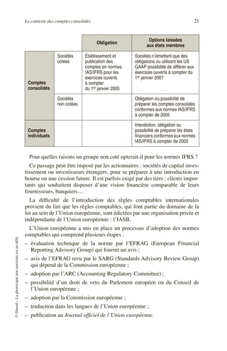 Le contexte des comptes consolidés 21
©
Dunod
–
La
photocopie
non
autorisée
est
un
délit.
Pour quelles raisons un groupe non coté opterait-il pour les normes IFRS ?
Ce passage peut être imposé par les actionnaires : sociétés de capital inves-
tissement ou investisseurs étrangers, pour se préparer à une introduction en
bourse ou une cession future. Il est parfois exigé par des tiers : clients impor-
tants qui souhaitent disposer d’une vision financière comparable de leurs
fournisseurs, banquiers…
La difficulté de l’introduction des règles comptables internationales
provient du fait que les règles comptables, qui font partie du domaine de la
loi au sein de l’Union européenne, sont édictées par une organisation privée et
indépendante de l’Union européenne : l’IASB.
L’Union européenne a mis en place un processus d’adoption des normes
comptables qui comprend plusieurs étapes :
– évaluation technique de la norme par l’EFRAG (European Financial
Reporting Advisory Group) qui fournit un avis ;
– avis de l’EFRAG revu par le SARG (Standards Advisory Review Group)
qui dépend de la Commission européenne ;
– adoption par l’ARC (Accounting Regulatory Committee) ;
– possibilité d’un droit de veto du Parlement européen ou du Conseil de
l’Union européenne ;
– adoption par la Commission européenne ;
– traduction dans les langues de l’Union européenne ;
– publication au Journal officiel de l’Union européenne.
Obligation
Options laissées
aux états membres
Comptes
consolidés
Sociétés
cotées
Établissement et
publication des
comptes en normes
IAS/IFRS pour les
exercices ouverts
à compter
du 1er janvier 2005
Sociétés n’émettant que des
obligations ou utilisant les US
GAAP possibilité de différer aux
exercices ouverts à compter du
1er janvier 2007
Sociétés
non cotées
Obligation ou possibilité de
préparer les comptes consolidés
conformes aux normes IAS/IFRS
à compter de 2005
Comptes
individuels
Interdiction, obligation ou
possibilité de préparer les états
financiers conformes aux normes
IAS/IFRS à compter de 2005
 