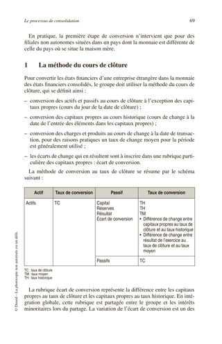 Le processus de consolidation 69
©
Dunod
–
La
photocopie
non
autorisée
est
un
délit.
En pratique, la première étape de conversion n’intervient que pour des
filiales non autonomes situées dans un pays dont la monnaie est différente de
celle du pays où se situe la maison mère.
1 La méthode du cours de clôture
Pour convertir les états financiers d’une entreprise étrangère dans la monnaie
des états financiers consolidés, le groupe doit utiliser la méthode du cours de
clôture, qui se définit ainsi :
– conversion des actifs et passifs au cours de clôture à l’exception des capi-
taux propres (cours du jour de la date de clôture) ;
– conversion des capitaux propres au cours historique (cours de change à la
date de l’entrée des éléments dans les capitaux propres) ;
– conversion des charges et produits au cours de change à la date de transac-
tion, pour des raisons pratiques un taux de change moyen pour la période
est généralement utilisé ;
– les écarts de change qui en résultent sont à inscrire dans une rubrique parti-
culière des capitaux propres : écart de conversion.
La méthode de conversion au taux de clôture se résume par le schéma
suivant :
La rubrique écart de conversion représente la différence entre les capitaux
propres au taux de clôture et les capitaux propres au taux historique. En inté-
gration globale, cette rubrique est partagée entre le groupe et les intérêts
minoritaires lors du partage. La variation de l’écart de conversion est un des
Actif Taux de conversion Passif Taux de conversion
Actifs TC Capital
Réserves
Résultat
Écart de conversion
TH
TH
TM
• Différence de change entre
capitaux propres au taux de
clôture et au taux historique
• Différence de change entre
résultat de l’exercice au
taux de clôture et au taux
moyen
Passifs TC
TC : taux de clôture
TM : taux moyen
TH : taux historique
 