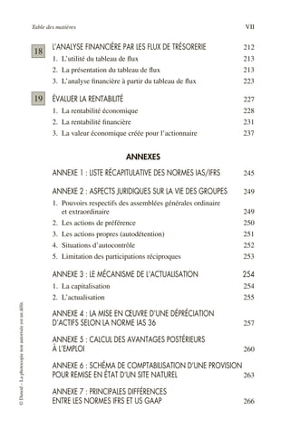 Table des matières VII
©
Dunod
–
La
photocopie
non
autorisée
est
un
délit.
L’ANALYSE FINANCIÈRE PAR LES FLUX DE TRÉSORERIE 212
1. L’utilité du tableau de flux 213
2. La présentation du tableau de flux 213
3. L’analyse financière à partir du tableau de flux 223
ÉVALUER LA RENTABILITÉ 227
1. La rentabilité économique 228
2. La rentabilité financière 231
3. La valeur économique créée pour l’actionnaire 237
ANNEXES
ANNEXE 1 : LISTE RÉCAPITULATIVE DES NORMES IAS/IFRS 245
ANNEXE 2 : ASPECTS JURIDIQUES SUR LA VIE DES GROUPES 249
1. Pouvoirs respectifs des assemblées générales ordinaire
et extraordinaire 249
2. Les actions de préférence 250
3. Les actions propres (autodétention) 251
4. Situations d’autocontrôle 252
5. Limitation des participations réciproques 253
ANNEXE 3 : LE MÉCANISME DE L’ACTUALISATION 254
1. La capitalisation 254
2. L’actualisation 255
ANNEXE 4 : LA MISE EN ŒUVRE D’UNE DÉPRÉCIATION
D’ACTIFS SELON LA NORME IAS 36 257
ANNEXE 5 : CALCUL DES AVANTAGES POSTÉRIEURS
À L’EMPLOI 260
ANNEXE 6 : SCHÉMA DE COMPTABILISATION D’UNE PROVISION
POUR REMISE EN ÉTAT D’UN SITE NATUREL 263
ANNEXE 7 : PRINCIPALES DIFFÉRENCES
ENTRE LES NORMES IFRS ET US GAAP 266
18
19
 
