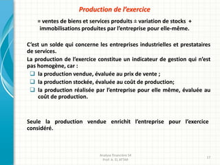 Production de l’exercice
= ventes de biens et services produits ± variation de stocks +
immobilisations produites par l’entreprise pour elle-même.
C’est un solde qui concerne les entreprises industrielles et prestataires
de services.
La production de l’exercice constitue un indicateur de gestion qui n’est
pas homogène, car :
 la production vendue, évaluée au prix de vente ;
 la production stockée, évaluée au coût de production;
 la production réalisée par l’entreprise pour elle même, évaluée au
coût de production.
Seule la production vendue enrichit l’entreprise pour l’exercice
considéré.
Analyse financière S4
Prof: A. EL ATTAR
17
 
