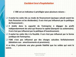Excédent brut d’exploitation
L' EBE est un indicateur à privilégier pour plusieurs raisons :
 il exclut les coûts liés au mode de financement (puisque calculé avant les
frais financiers et les dividendes). Il est n’est pas influencé par la politique
de financement ;
 il révèle donc la capacité de l’entreprise à dégager du profit
indépendamment de celui qui finance le capital (banquier ou actionnaire).
Il est n’est pas influencé par la politique d’investissement;
 Il exclut les coûts liés à la fiscalité. Il est n’est pas influencé par la forme
juridique de l’entreprise;
 l'EBE n'est pas influencé par des charges calculées forfaitairement
(dotations aux amortissements et provisions).
A ce titre, il présente une plus grande fiabilité que les soldes qui vont le
suivre.
Analyse financière S4
Prof: A. EL ATTAR
21
 